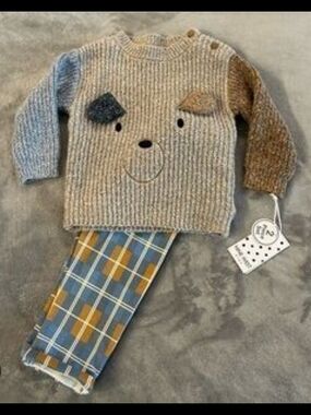 Kids Cozy Knit Dog Sweater & Plaid Pants Set - Beige Blue Brown